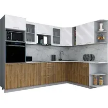 Готовая кухня Интерлиния Мила Gloss 1.88x2.8 правая (белый глянец/дуб вотан/травертин серый)
