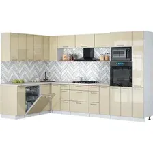 Готовая кухня Интерлиния Мила Gloss 1.896х3.28 (ваниль глянец/ваниль глянец/травертин серый)