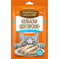 Лакомство для кошек Деревенские лакомства колбаски Докторские, с нежным лососем, 60 г