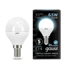 Лампа Gauss Шар E14 6.5W 4100К / 105101207
