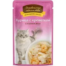 Консервированный корм для кошек Деревенские лакомства Курица с креветкой в желе 70 г