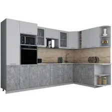Готовая кухня Интерлиния Мила Gloss 1.88x3.2 правая (пепел софт/керамика/травертин серый)