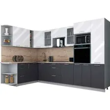 Готовая кухня Интерлиния Мила Gloss 1.88x3.2 левая (белый глянец/графит софт/травертин серый)