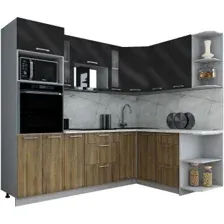 Готовая кухня Интерлиния Мила Gloss 1.68x2.4 правая (черный глянец/дуб вотан/травертин серый)
