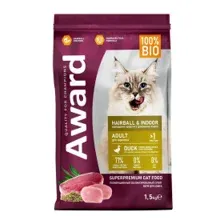 Сухой корм AWARD Hairball & Indoor для взрослых кошек для выведения шерсти с уткой и индейкой с добавлением зеленой чечевицы 1,5кг