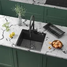 Кухонная мойка Roxen Snake 560220-50-BS (50*48) PVD графит/текстурная поверхность (с коландером и дозатором)