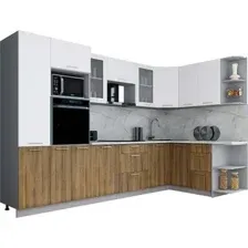 Готовая кухня Интерлиния Мила Gloss 1.68x3.2 правая (белый софт/дуб вотан/травертин серый)