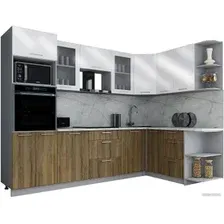 Готовая кухня Интерлиния Мила Gloss 1.68x2.8 правая (белый глянец/дуб вотан/травертин серый)