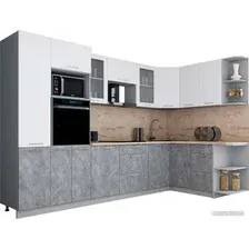 Готовая кухня Интерлиния Мила Gloss 1.68x3.2 правая (белый софт/керамика/травертин серый)