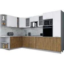 Готовая кухня Интерлиния Мила Gloss 1.88x3.2 левая (белый софт/дуб вотан/травертин серый)