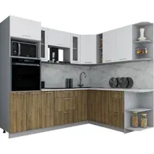 Готовая кухня Интерлиния Мила Gloss 1.88x2.4 правая (белый софт/дуб вотан/травертин серый)