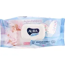 Влажные салфетки AURA ULTRA COMFORT детские 0+ с алоэ и вит Е, 100шт