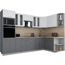 Готовая кухня Интерлиния Мила Gloss 1.68x3.0 правая (белый софт/серый софт/травертин серый)