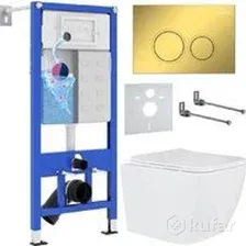Унитаз подвесной Roxen Cube в комплекте с инсталляцией StounFix Dual Fresh 6 в 1 968014 (кнопка: золото глянцевое )