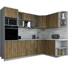 Готовая кухня Интерлиния Мила Gloss 1.68x2.6 правая (дуб вотан/дуб вотан/травертин серый)