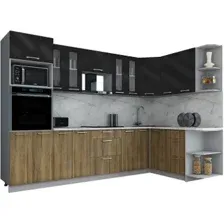 Готовая кухня Интерлиния Мила Gloss 1.68x3.0 правая (черный глянец/дуб вотан/травертин серый)