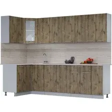 Готовая кухня Интерлиния Мила 12x27 (дуб веллингтон/дуб веллингтон/травертин серый)