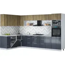 Готовая кухня Интерлиния Мила Gloss 1.896х3.38-2 (асфальт глянец/дуб вотан/серый каспий)