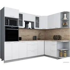 Готовая кухня Интерлиния Мила Gloss 1.68x2.6 правая (белый софт/белый софт/травертин серый)