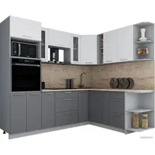 Готовая кухня Интерлиния Мила Gloss 1.88x2.4 правая (белый софт/серый софт/травертин серый)