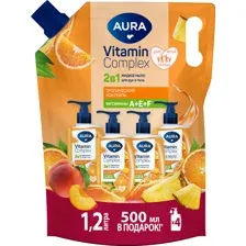 Мыло жидкое Aura Vitamin Complex, 2 в 1, тропический коктейль, 1.2 л