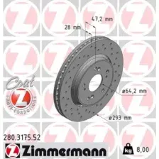Тормозной диск ZIMMERMANN 280.3175.52 вентилируемый, перфорированный , передняя ось