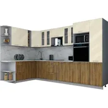 Готовая кухня Интерлиния Мила Gloss 1.88x3.4 левая (ваниль глянец/дуб вотан/травертин серый)