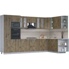 Готовая кухня Интерлиния Мила 1.88x3.4 правая (дуб веллингтон/дуб веллингтон/травертин серый)
