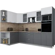 Готовая кухня Интерлиния Мила Gloss 1.68x2.8 левая (белый софт/серый софт/травертин серый)