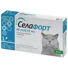 СЕЛАФОРТ 6% Капли от блох, клещей и гельминтов 45 мг для кошек массой 2,6-7,5 кг, упак.1 пип.