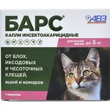 Барс капли от клещей и блох для кошек, до 5 кг, 1 пипетка, АВЗ