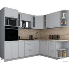 Готовая кухня Интерлиния Мила Gloss 1.88x2.4 правая (пепел софт/пепел софт/травертин серый)