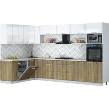Готовая кухня Интерлиния Мила Gloss 1.896х3.38-2 (дуб вотан/белый глянец/травертин серый)