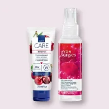 AVON набор "Сочная ягода": освежающий лосьон спрей для тела "Малиновое удовольствие" мл и крем для рук с ароматом вишни 75 мл