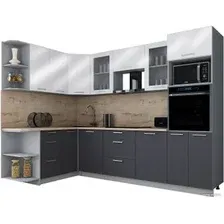 Готовая кухня Интерлиния Мила Gloss 1.68x2.8 левая (белый глянец/графит софт/травертин серый)