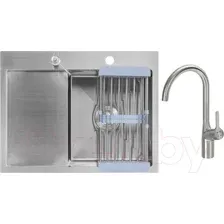 Кухонная мойка Saniteco 6550-R + Spike F9S07011 (сатин, с сифоном, дозатором и коландером)