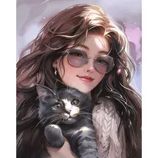 Алмазная мозаика  Феникс+ Брюнетка с котом 70823