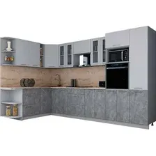 Готовая кухня Интерлиния Мила Gloss 1.88x3.4 левая (пепел софт/керамика/травертин серый)