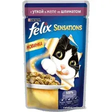Консервированный корм для кошек Felix Sensations с уткой в желе со шпинатом 0.085 кг