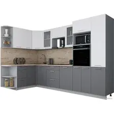 Готовая кухня Интерлиния Мила Gloss 1.68x3.2 левая (белый софт/серый софт/травертин серый)