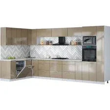 Готовая кухня Интерлиния Мила Gloss 1.896х3.88 (капучино глянец/капучино глянец/бискайская сосна)