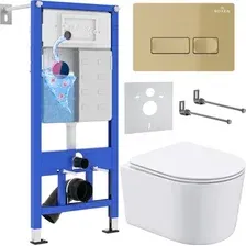 Унитаз подвесной Roxen Simple compact в комплекте с инсталляцией StounFix Dual Fresh 6 в 1 968084 (кнопка: брашированное золото)