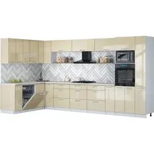 Готовая кухня Интерлиния Мила Gloss 1.896х3.88 (ваниль глянец/ваниль глянец/травертин серый)