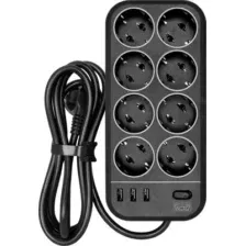 Сетевой фильтр Powercom SP-08 USB03AB (1.8м, 8 розеток, черный)