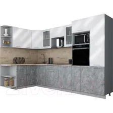 Готовая кухня Интерлиния Мила Gloss 1.68x3.2 левая (белый глянец/керамика/травертин серый)