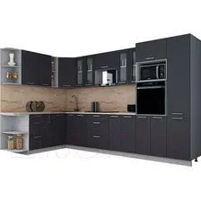 Готовая кухня Интерлиния Мила Gloss 1.88x3.4 левая (графит софт/графит софт/травертин серый)