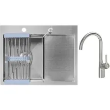 Кухонная мойка Saniteco 6550-L + Spike F9S07011 (сатин, с сифоном, дозатором и коландером)