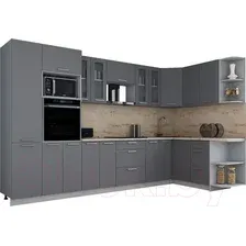Готовая кухня Интерлиния Мила Gloss 1.68x3.4 правая (серый софт/серый софт/травертин серый)