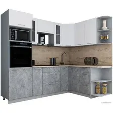 Готовая кухня Интерлиния Мила Gloss 1.68x2.4 правая (белый софт/керамика/травертин серый)