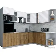 Готовая кухня Интерлиния Мила Gloss 1.88x2.6 правая (белый глянец/дуб вотан/травертин серый)
